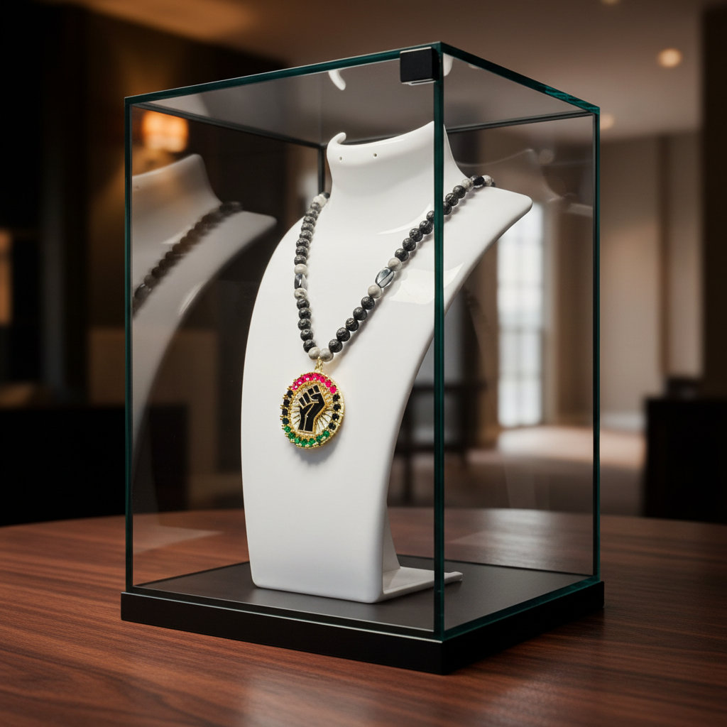 Black Power Necklace in Glass Case Display