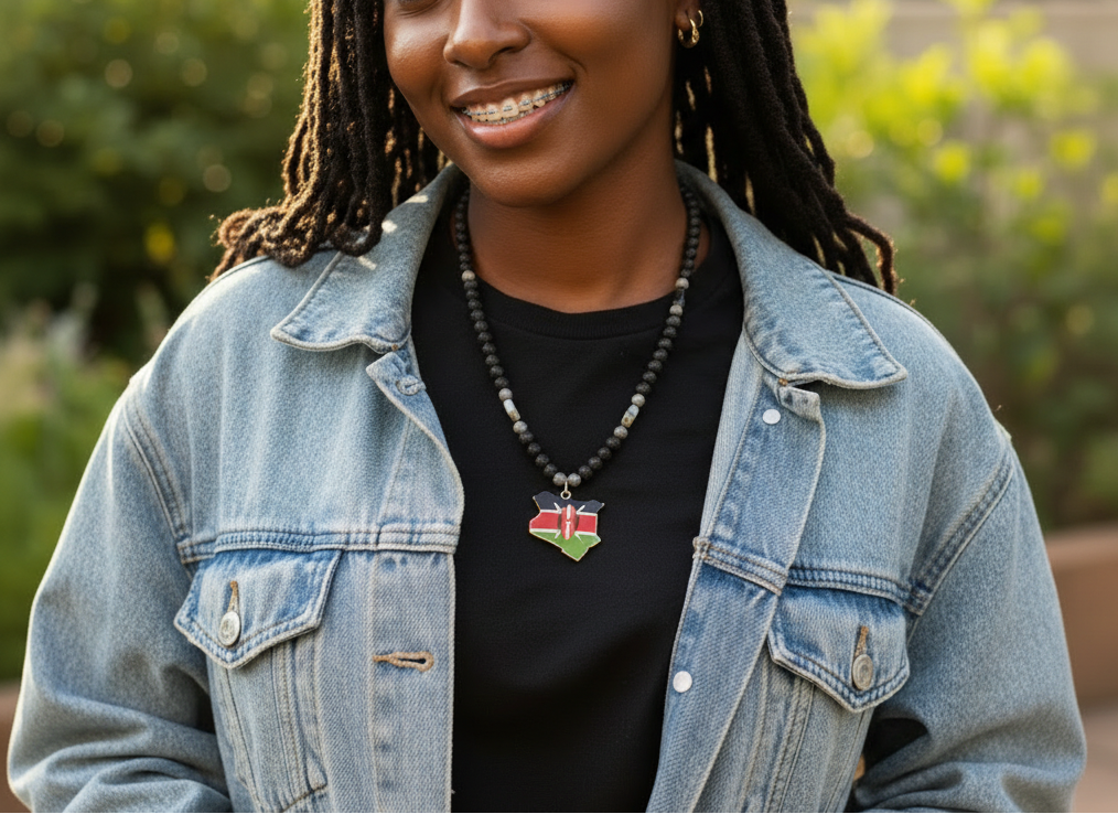 Black woman in denim with Kenya Afrikan Gemstones