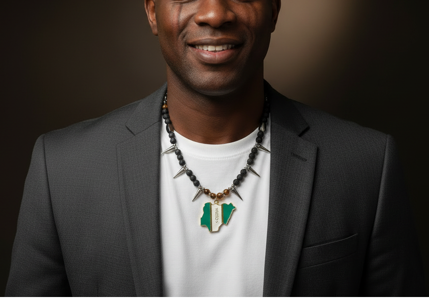 Black man in blazer with Rwanda Afrikan Gemstones necklace