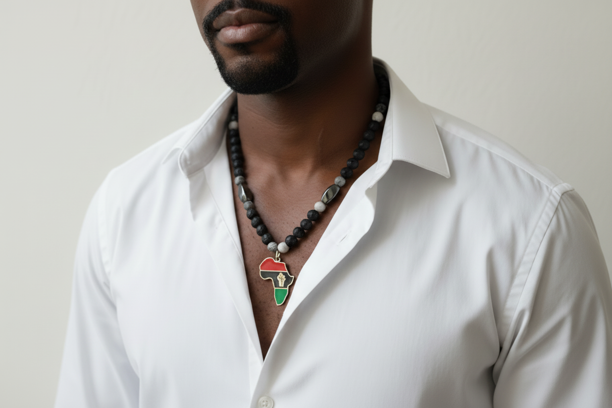 Black man wearing Pan-African necklace