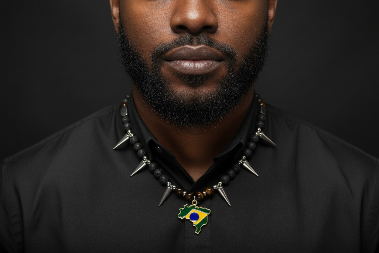Close-up portrait showcasing Tiger Stone Spiker necklace