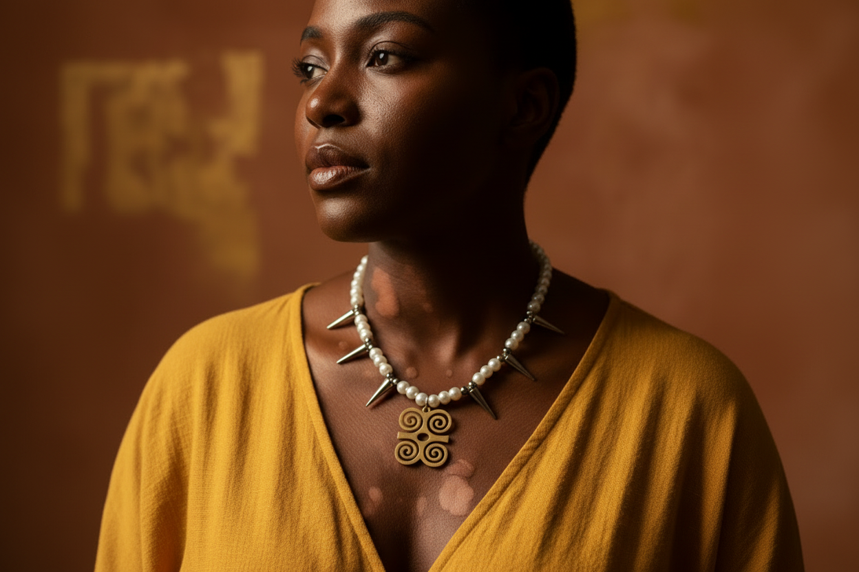 Black woman in mustard yellow wearing Ashanti pendant